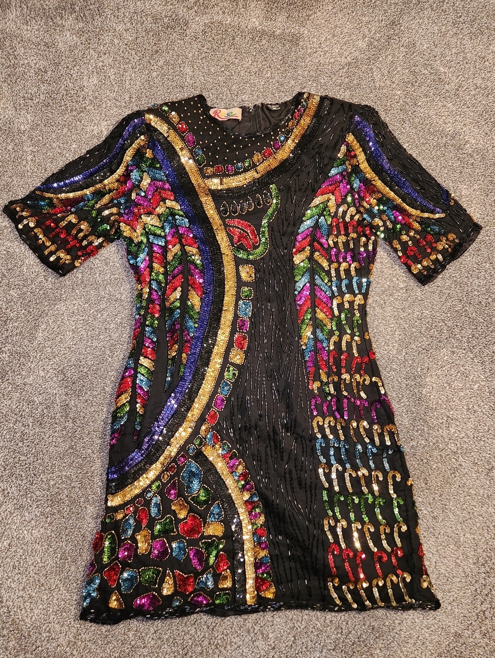 80s Vintage Rose Silk Beaded Rainbow Sequin Dress Size Medium